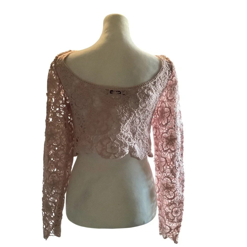 Zara Womens Coquette Floral‎ Crochet Lace Long Sleeve Crop Top S Pink Milkmaid